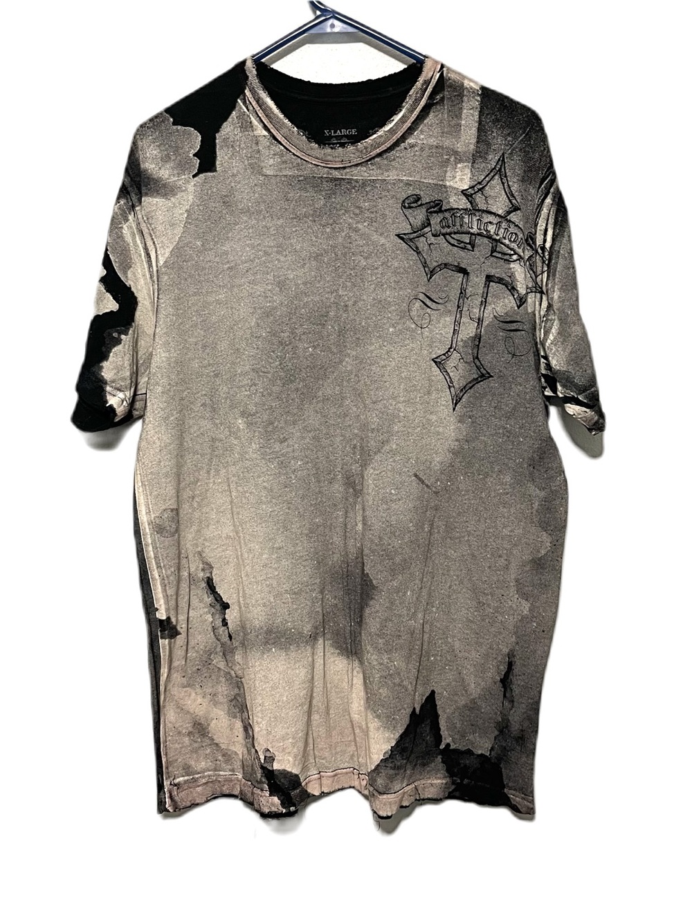 Affliction Graphic Print Grunge Crew Neck T Shirt Black Gray Biker Mens XL